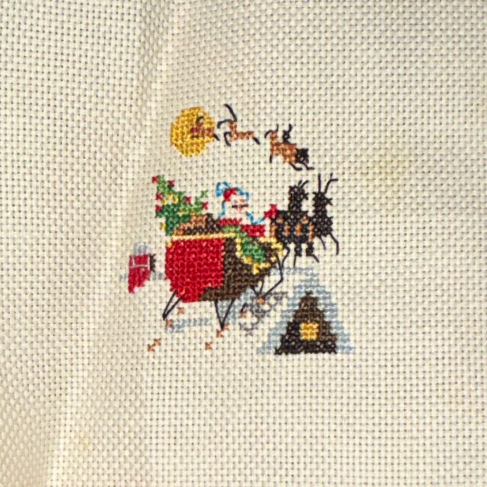 Handmade Finished Cross Stitch Piece Santa Sleigh & Reindeer Christmas Design